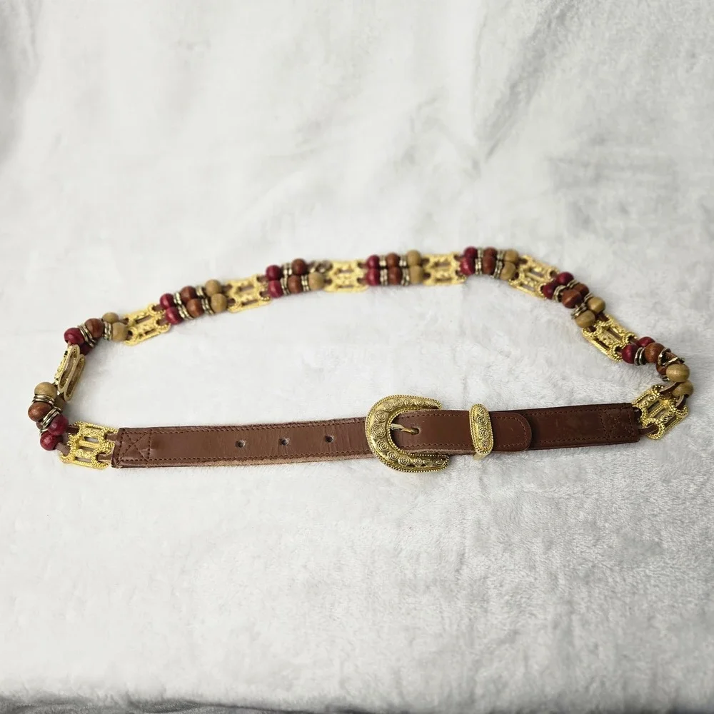 Vintage Express Brown Genuine Leather Wood Bead Gold Metal Link Belt Womens M